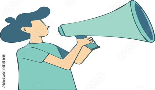 Man holding megaphone making announcement vector illustration isolated on white background concept for protest meeting rally strike demonstration activism
