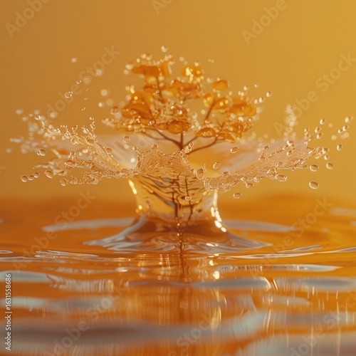 A single drop of liquid causing a high-speed splash on a reflective surface, with sharp details of the ripples.