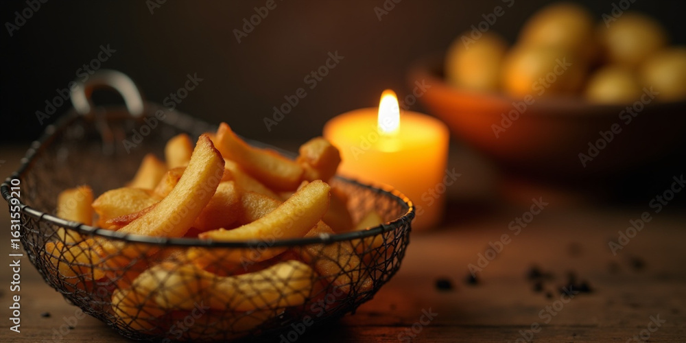 Obraz premium Golden French fries served in a wire basket with a candle