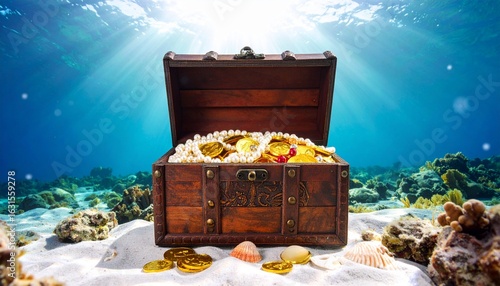 Discovering hidden treasures underwater adventure ocean depths digital art tranquil wide angle exploration