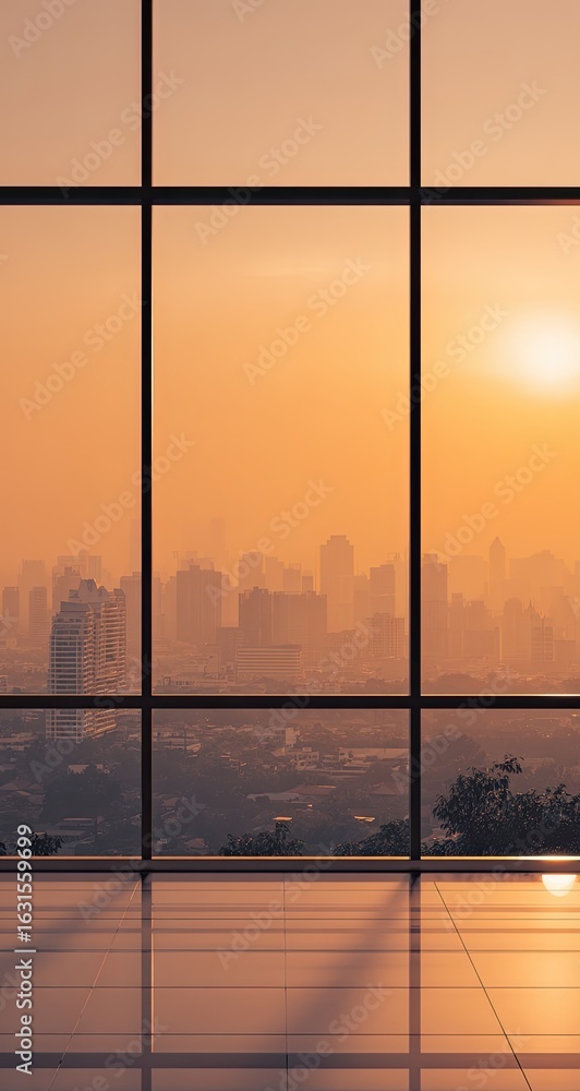 Fototapeta premium Cityscape view through large windows at sunset