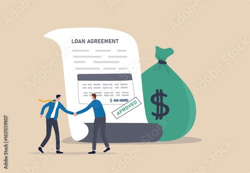 Loan agreement borrow money from bank, mortgage, debt or obligation to pay back interest rate, personal loan or financial support concept, businessman shaking hand with loan agreement and money bag.