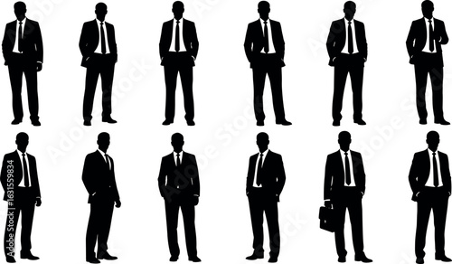 Silhouettes of business professionals, formal attire, confident poses, isolated on white background, ideal for corporate themes, presentations, and stock content