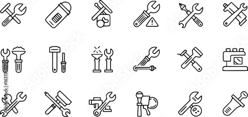 instrument icons tools, black and white icons, simple illustrations, line art, vector graphics