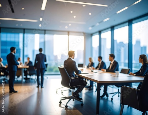 Businesspeople in suits attend a meeting around a large table in a modern office with large windows overlooking a city