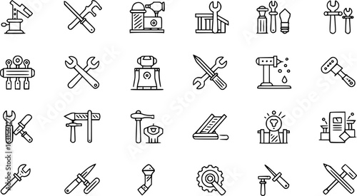 instrument icons tools, black and white icons, simple illustrations, line art, vector graphics