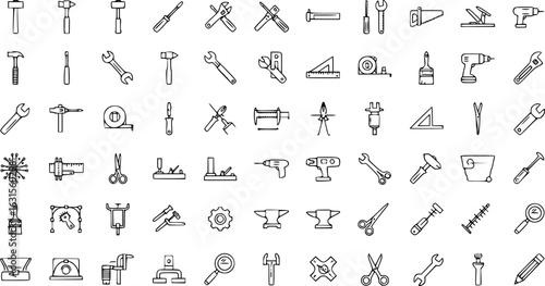 instrument icons tools, black and white icons, simple illustrations, line art, vector graphics