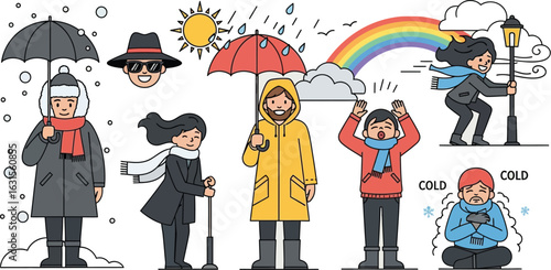 Different weather conditions represented by people in various outfits and situations illustration