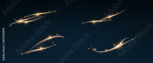 Fire trail wave, bright glow speed curve line. Glowing gold and white light stream, vector, png. Light curve line swirl effect.	
