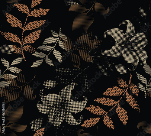 Autumn leaves seamless pattern with stripes and dot pattern. Gradient effect vector pattern with single color design.