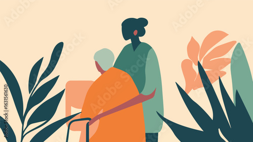 Elderly Caregiver Assisting Senior with Walker amidst Plants Vector Illustration Concept for Assisted Living Home Care and Compassionate Support