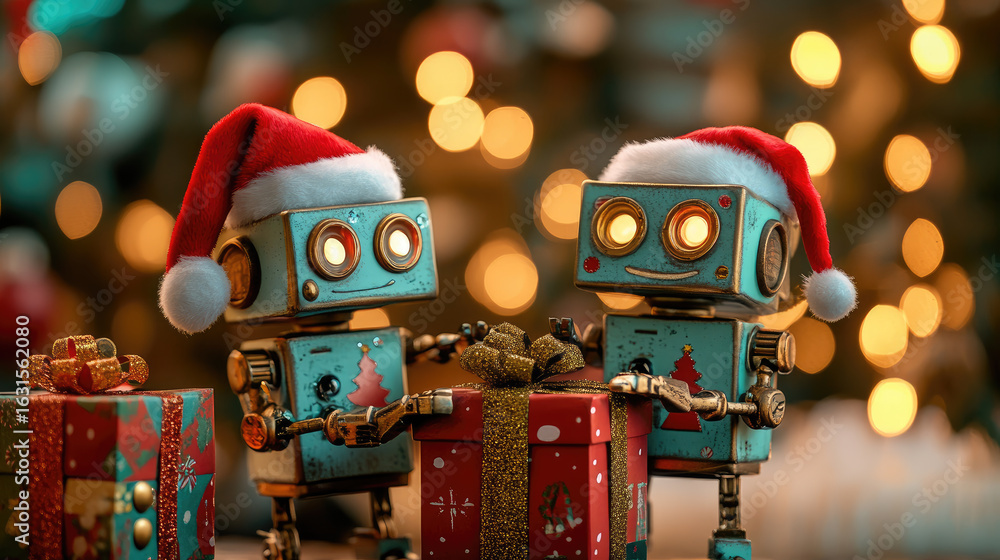 Fototapeta premium Playful robots in Santa hats wrapping gifts at the North Pole surrounded by festive decor and holiday magic. Whimsical Christmas concept with space for text.