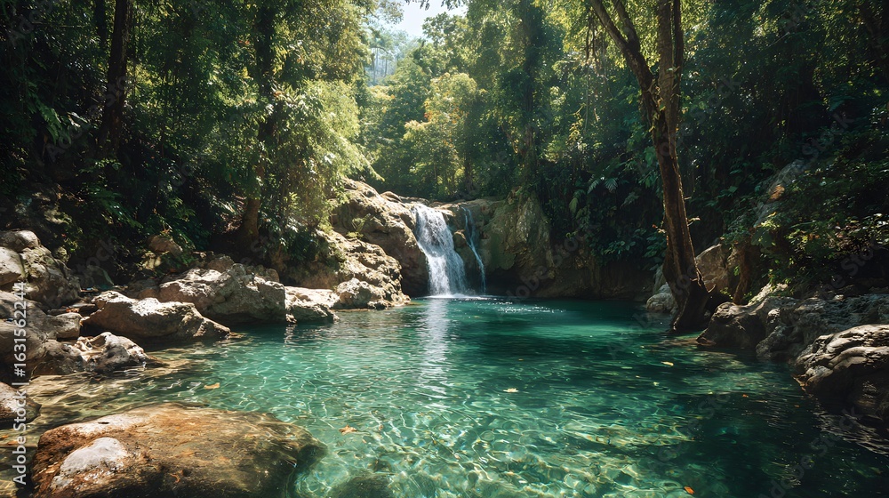 Naklejka premium Tropical Waterfall and Crystal Clear Lagoon in Rainforest 