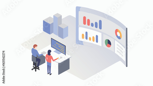 Isometric view of two people analyzing data on a curved screen and a computer monitor display
