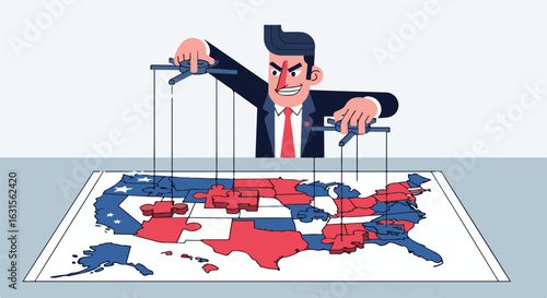 A man manipulates a map of the USA, controlling the states with strings, symbolizing political influence.
