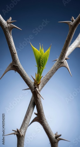 A single green leaf sprouts from a thorny branch against a blue sky