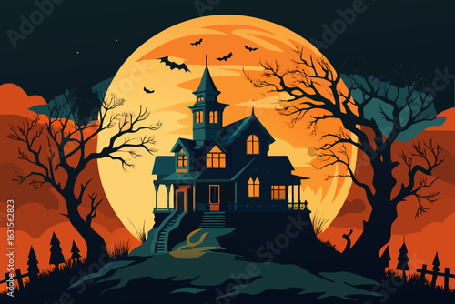 Spooky haunted house on a hill under a large full moon with bats flying around