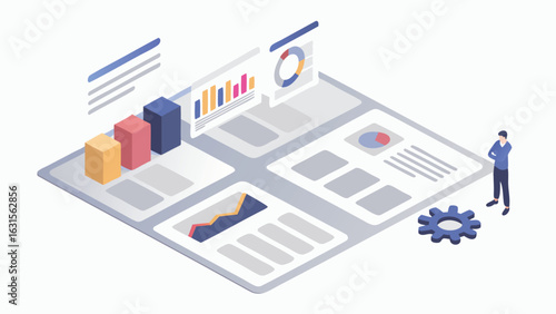 Isometric view of two developers discussing code on laptop and desktop screens with gear icons near by