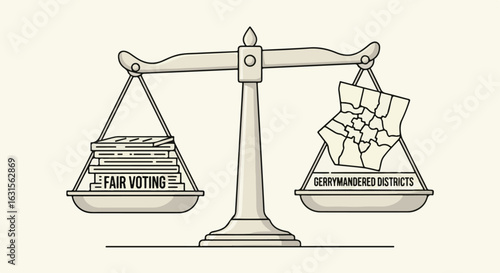 A balance scale depicts the contrasting weight of fair voting versus gerrymandered districts.