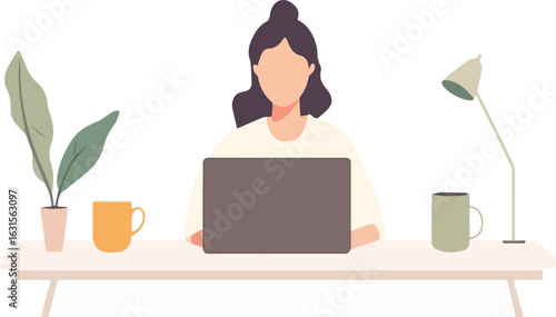 Woman working on laptop at home office desk with coffee mug and plants vector illustration in trendy flat style concept for freelance working from home online