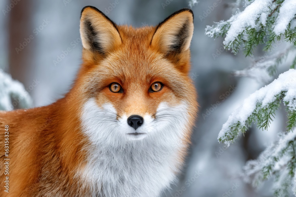 Fototapeta premium Red fox standing in snowy forest during winter