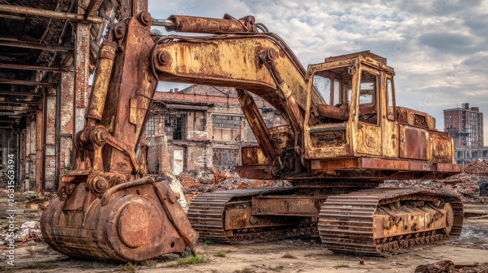 Fototapeta premium Weathered Excavation Machine at a Deserted Factory: A Display of Rust and Heavy Engineering Power