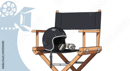 A director's chair with a helmet and goggles, a film industry concept.