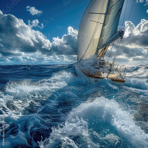 A sleek, modern sailboat speeding through open ocean waves, with foam spraying off the bow under a partly cloudy sky.