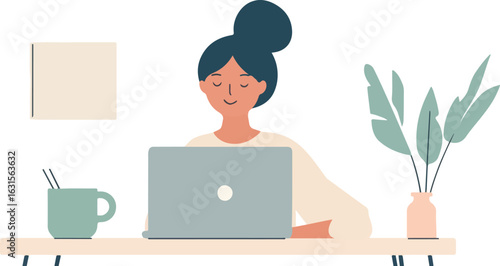 Woman working on laptop at home office desk with plant and coffee cup vector illustration isolated on white background concept for freelance work from home and
