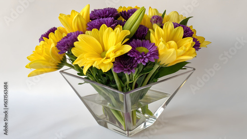 Wallpaper Mural Vibrant Yellow and Purple Flowers in a Clear Square Vase Torontodigital.ca