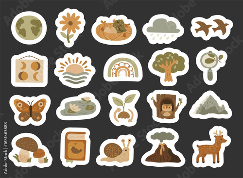 Natural science set in scandinavian style with showing earth, animals, plants, mountains, forest, clouds. sun, moon, volcano for your creative designs projects