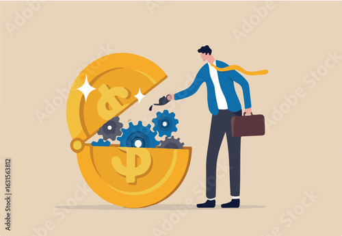 Financial or money liquidity to help economic stimulus, central bank monetary policy to help lubricate economy concept, businessman put lubricant oil on machine gear of opening money dollar coin.