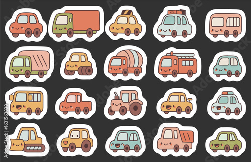 Transport vehicles set showing smiling cute automobile kawaii characters including truck, taxi, bus, pickup, tractor, bulldozer, police car, fire engine and cement mixer for your designs projects