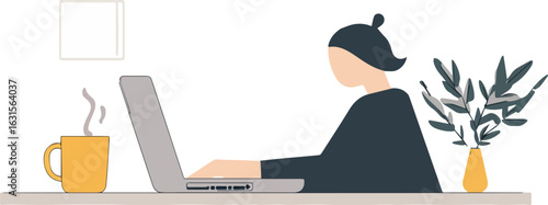 Woman working on laptop with coffee and plant vector illustration concept for freelance working from home online study and education business and finance design
