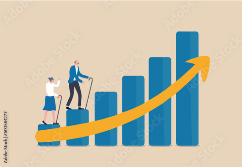 Aging society, world population aging problem, workforce crisis by low birth rate compare to senior elderly or retiree increase, elderly senior couple walk up rising, increasing graph of aged citizen