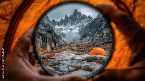 Mountain scene viewed through a filter. Hands hold a circular filter, revealing a vista of dramatic mountains, a flowing stream, and an orange tent nestled in the valley