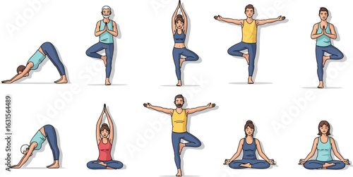 Illustration of various people demonstrating different yoga poses on a white background studio shot