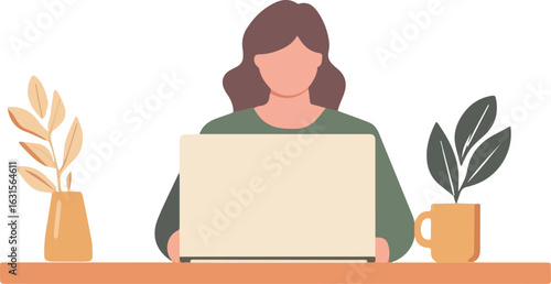 Woman working on laptop at desk with plants and coffee cup vector illustration for work from home freelance online business and remote work concepts