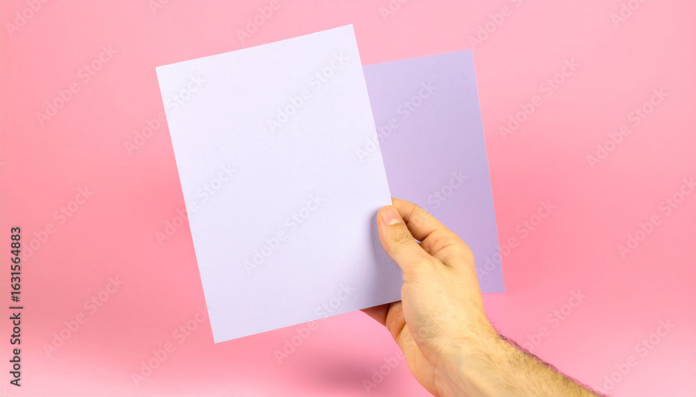 Fototapeta premium Hand Holding Purple Papers on Pink Background: A human hand gracefully presents two sheets of textured purple paper against a soft pink backdrop, creating a study in color, contrast.