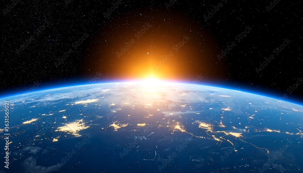 Fototapeta premium Majestic Earth Sunrise from Space Dawn Illuminates a Blue Planet with Stars in Background.