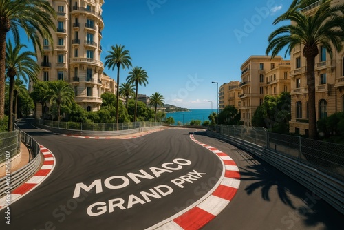 View of Monaco Grand Prix circuit, with track prominently displaying event name, surrounded by elegant buildings and palm trees under a bright blue sky. Concept of sport, race, competition.