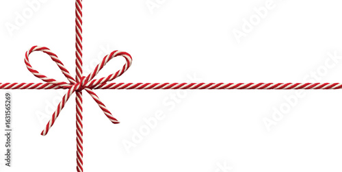 Christmas thread with bow. Template for product, gift tied with red and white cotton rope. Packing Christmas string. Concept for packing Christmas gifts, postcards, envelopes, etc.