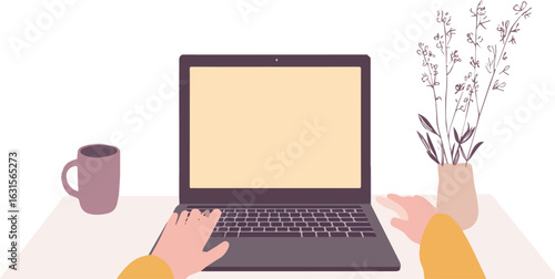 Person typing on a laptop with a cup of coffee and a vase of flowers on the table vector illustration for work from home freelance online education and business