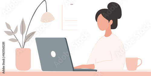 Woman working on laptop at home office desk with coffee cup plant and lamp vector illustration concept of freelance work from home online education and distance