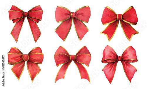 Watercolor set of red bows with gold trim. Red bows for decoration and gift wrapping. Luxurious red bows with gold elements for Christmas, New Year and other celebrations.