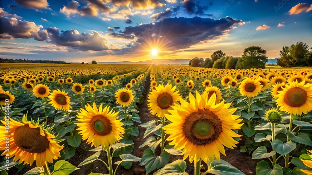 Fototapeta premium Expansive field of sunflowers under a dramatic sunset sky, with the sun casting a warm golden light across the landscape