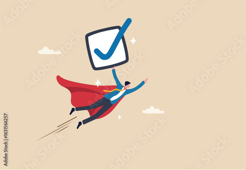 Checklist or checkbox to complete work, check mark or accomplishment, tick to do list or task management, report or vote approval concept, businessman superhero flying with checkmark completion