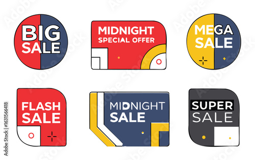 Colorful promotional badges for flash, mega, and midnight sales.