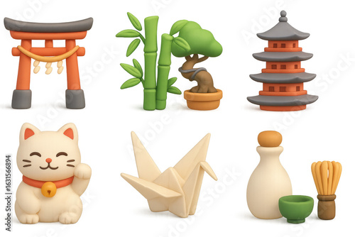 Kawaii japanese icon set featuring maneki neko, torii, bonsai, and origami crane
