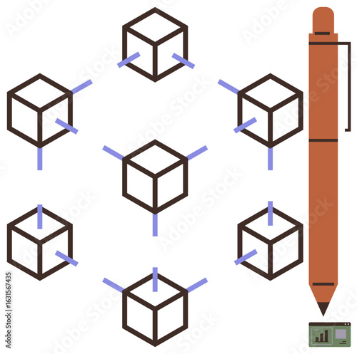 Blockchain cubes interconnected by lines, representing a network, accompanied by a pen and a small analytics chart. Ideal for blockchain, networking, innovation, technology, collaboration, analytics